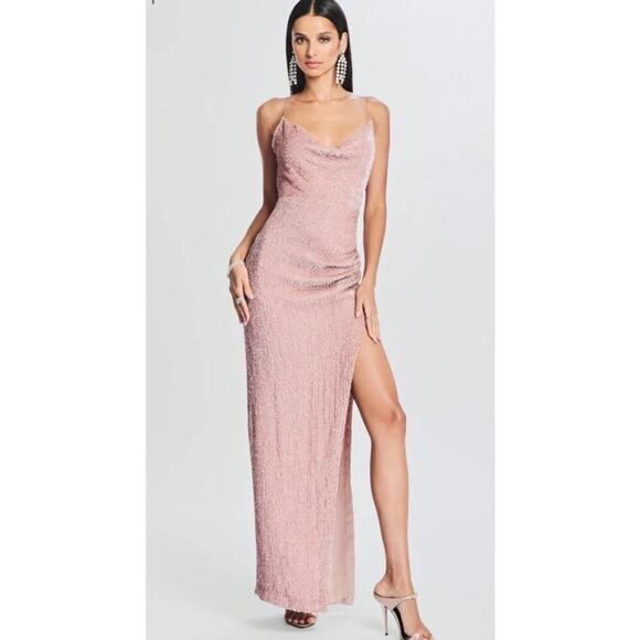 Retrofete Katya Sequin Maxi Dress Size L Dusty Peach Pink Cowl Neck Slit - Picture 1 of 13